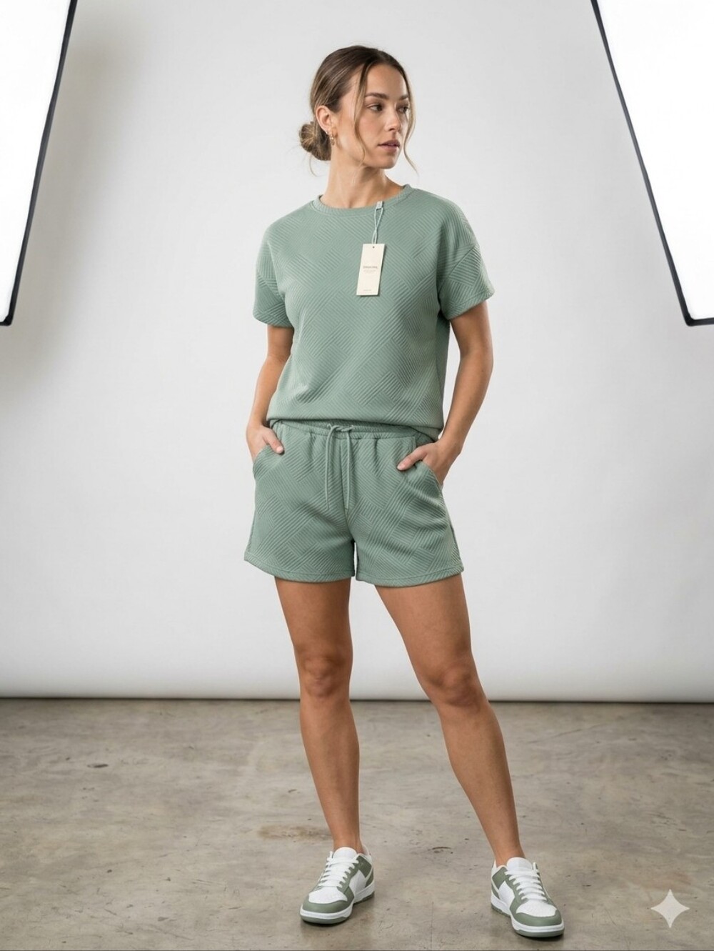 Relaxed Short Sleeve Top & Shorts Set - Sage Green Size Medium